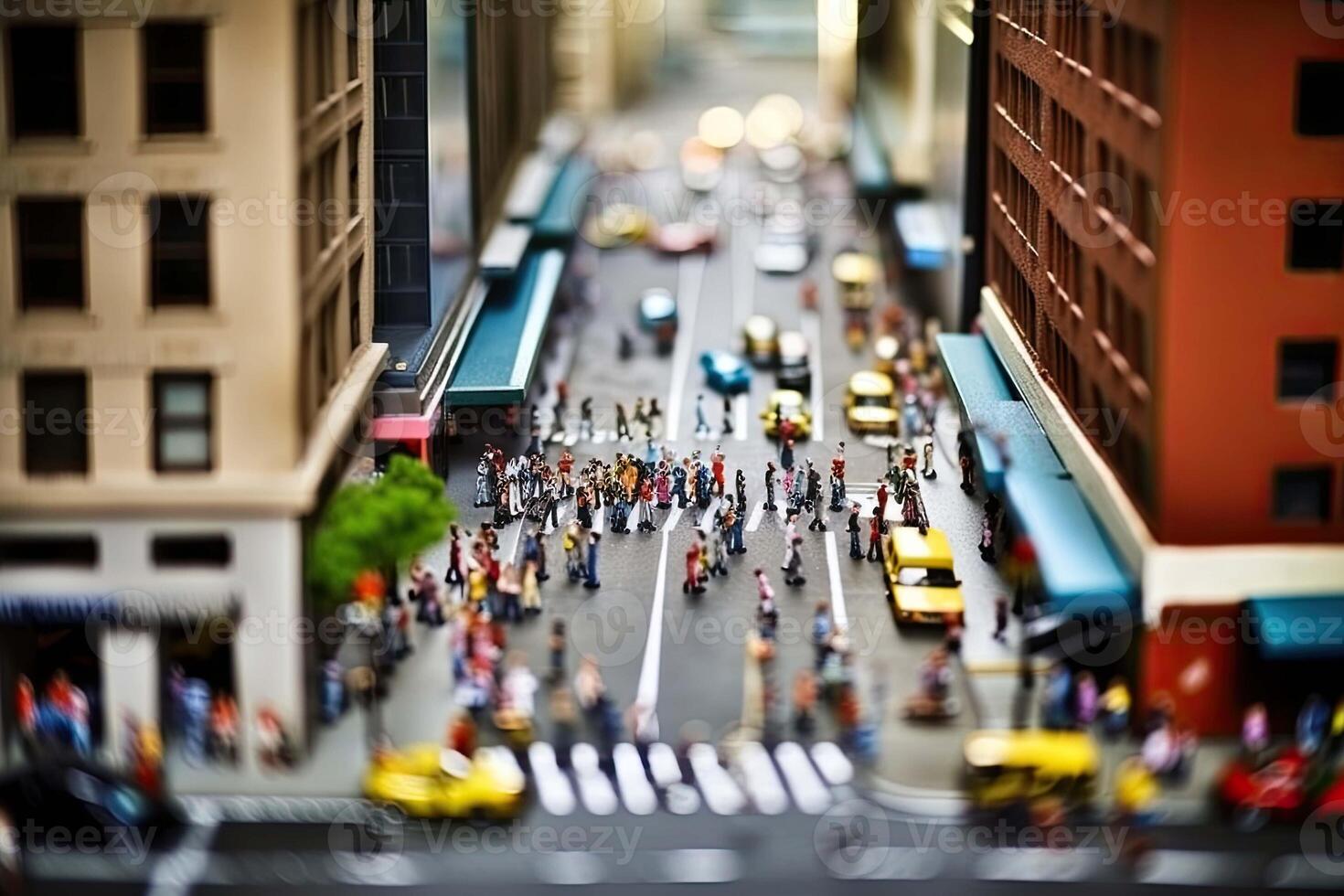 City life with living building facades and people walking at street, aerial view. Urban infrastructure. Model of city street in miniature, tilt shift. Created with photo