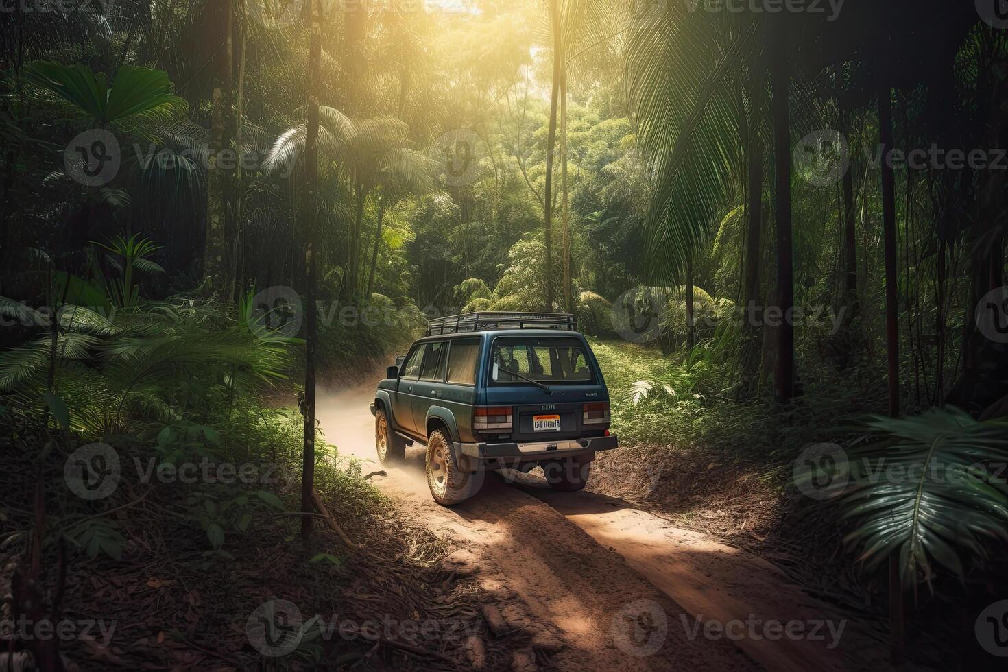 Four wheel drive SUV is driving on muddy road in jungle. Jeep on safari. Created with photo