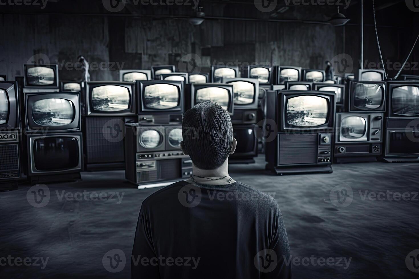 People watching a lot of retro televisions. Propaganda and fake news concept. Politicians manipulate society with help of public television. Created with photo