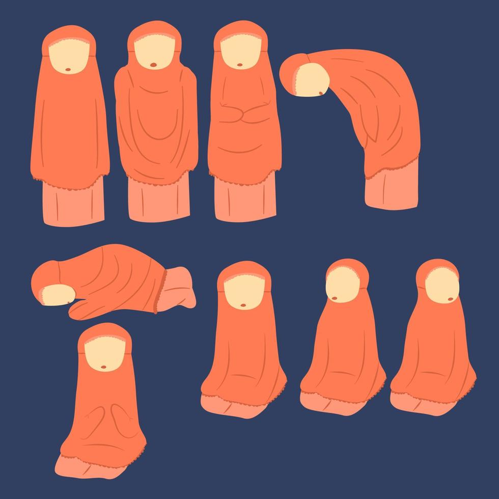 Set of muslim girl illustration. Praying salah in different poses vector