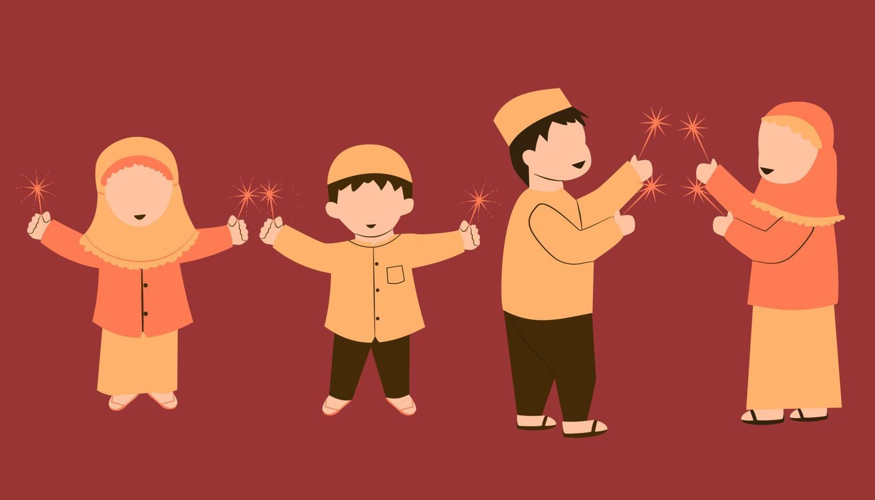 Muslim kids celebrating eid or ramadhan with fireworks vector