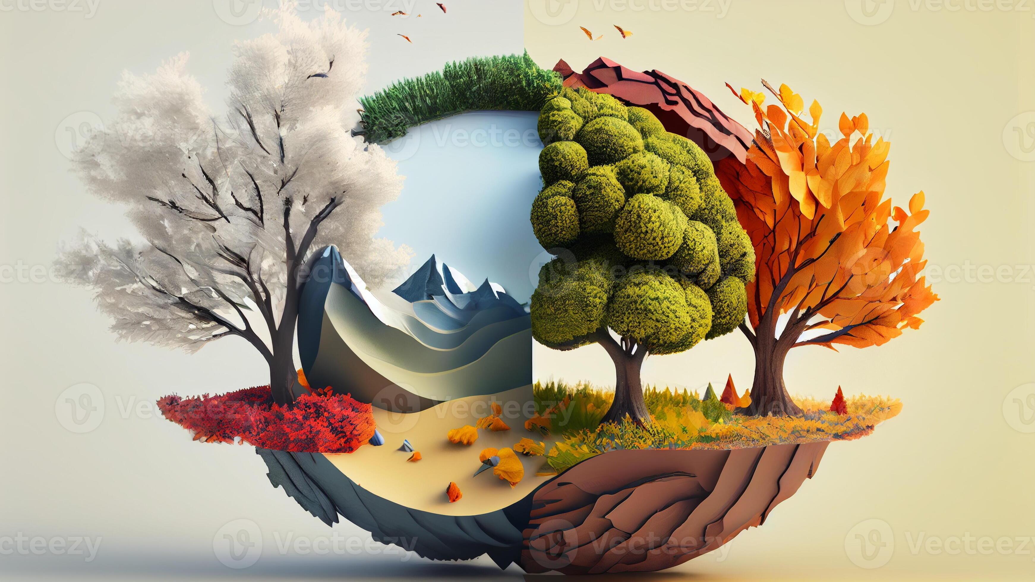 Four seasons with spring, summer, autumn, winter. tree beautiful for