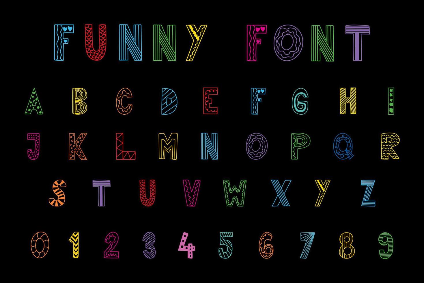 A-Z alphabet letters and 0-9 numbers festive a d funny font vector and illustration