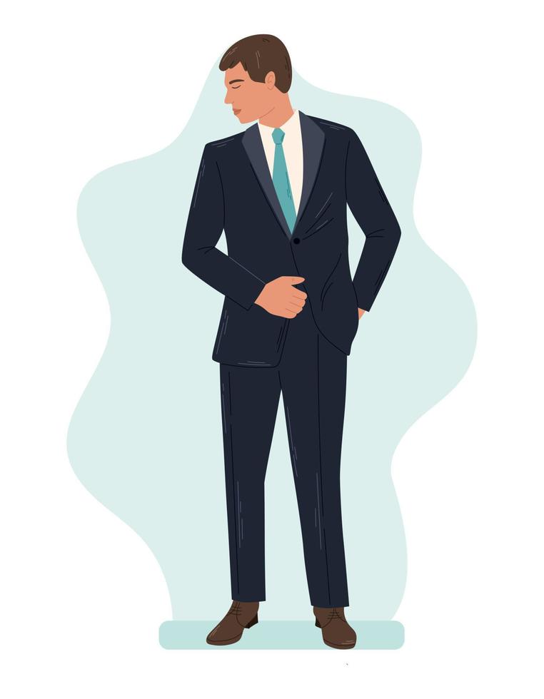Handsome standing man in formal suit and tie. Vector isolated cartoon illustration of Groom in full growth.