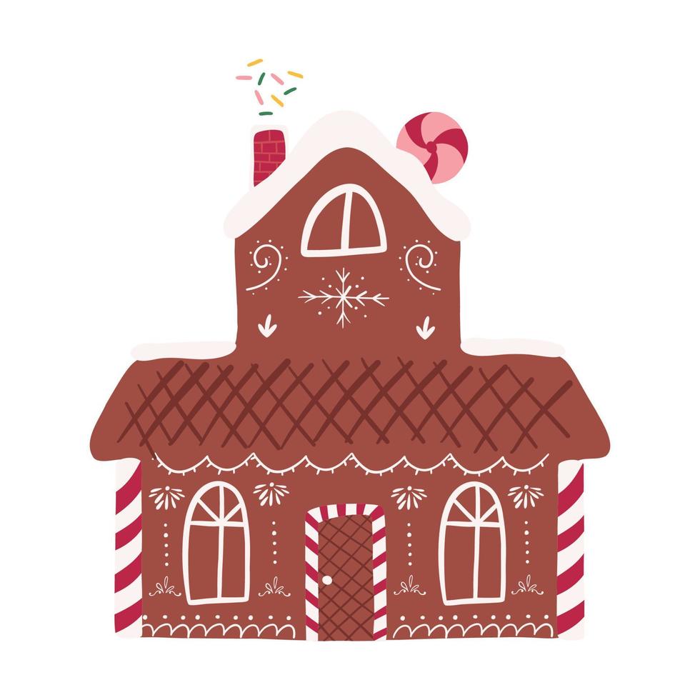 Cute gingerbread house with hand drawn icing decorations, flat vector illustration isolated on white background. Cartoon Christmas element.