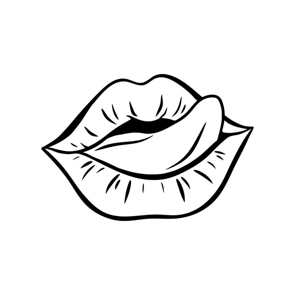 Contour of lips in retro-pop art style. Mouth with tongue sticking out. Vector contour illustration.