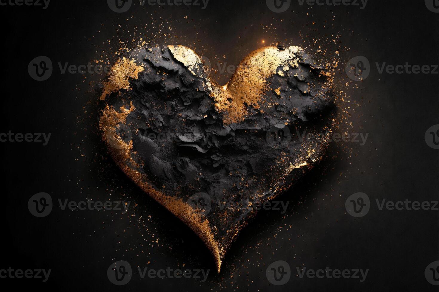 Heart shape, made of charcoal and gold particles. illustration. photo
