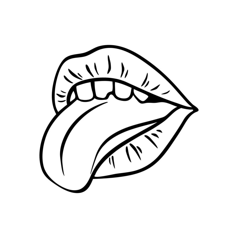 Contour of  lips in retro pop art style. Mouth with tongue and teeth . Vector contour illustration.