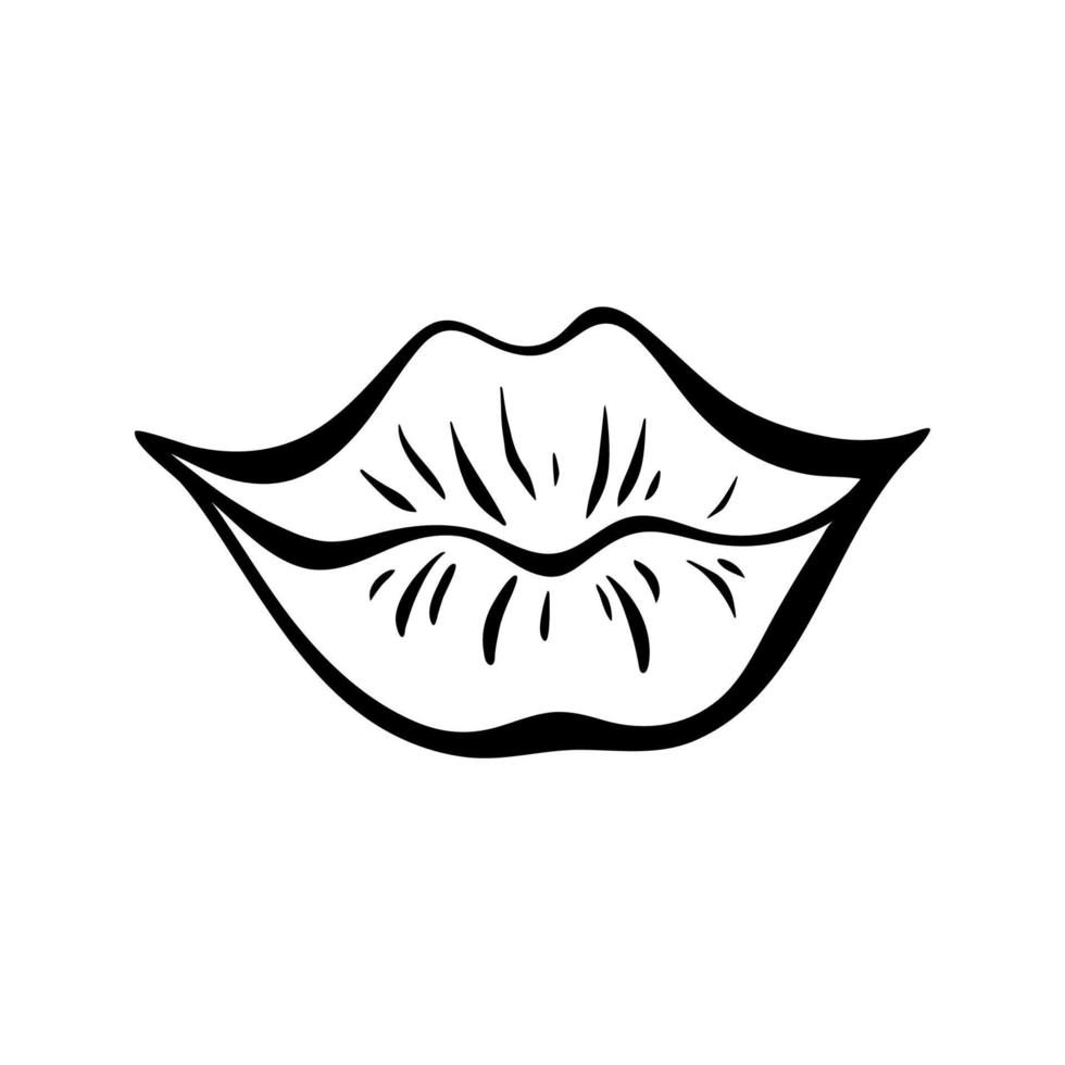 Contour of lips in retro pop art style. Mouth shaped like a smile. Vector contour illustration.