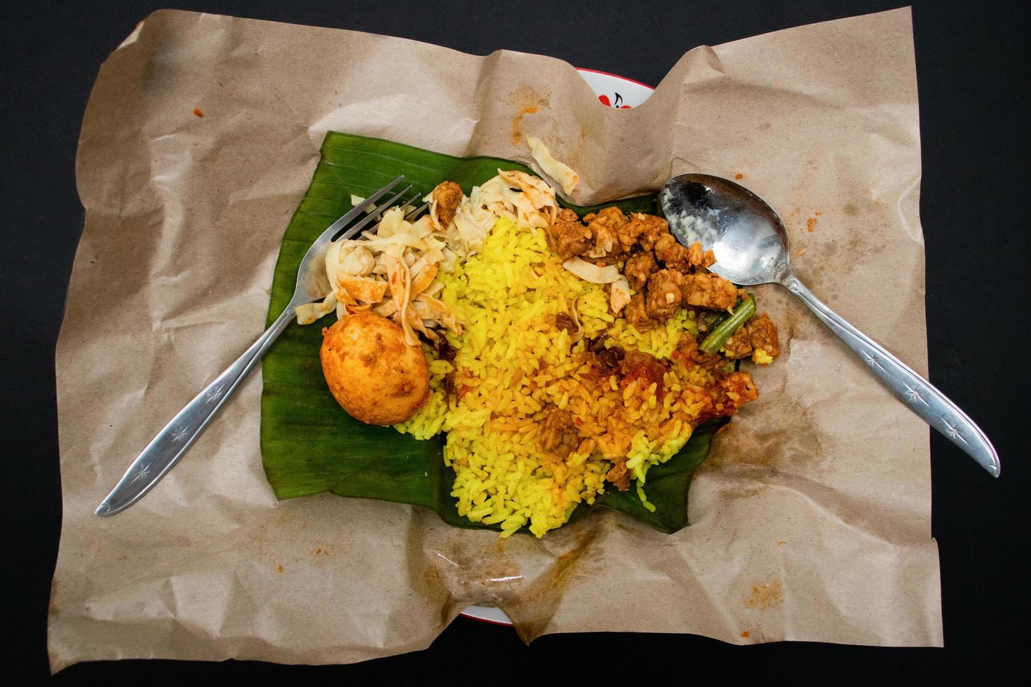 A photo after some edits, an Indonesian dish, yellow rice called uduk. Mixed with ballad egg, scrambled egg, long beans and tempe.