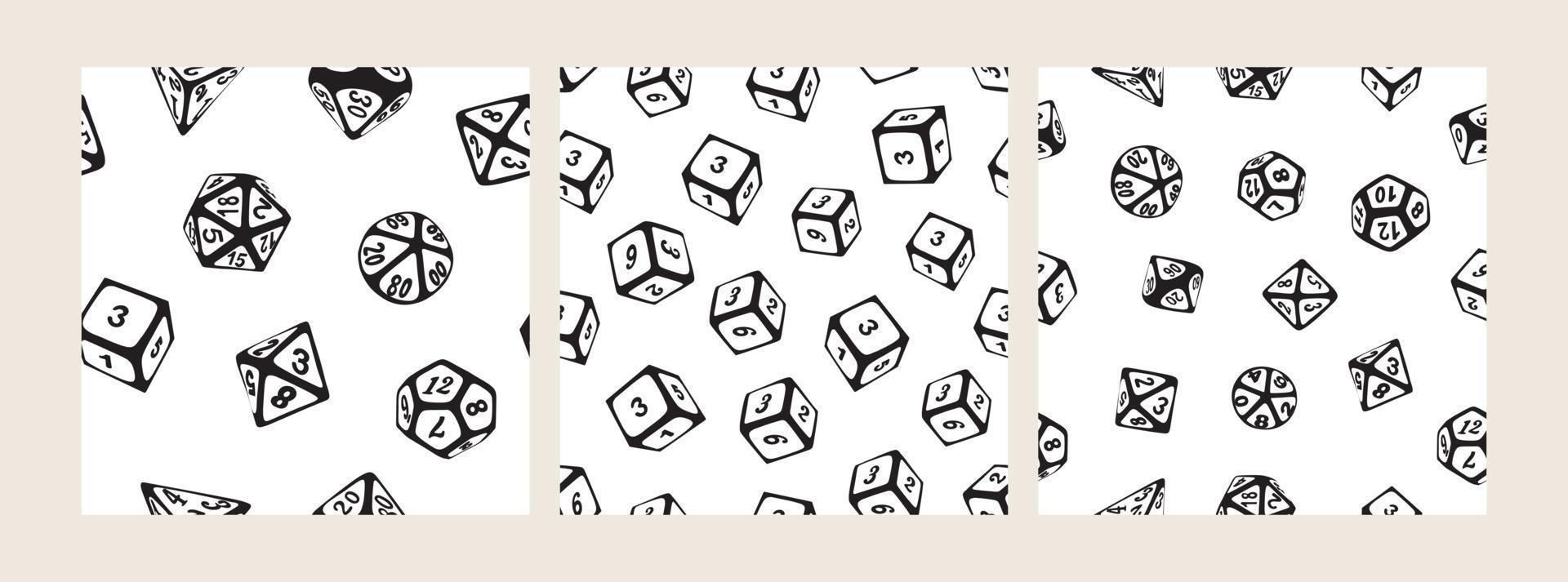 Hand-drawn doodle dice set. Seamless patterns set. Simple doodle vector black-white illustration