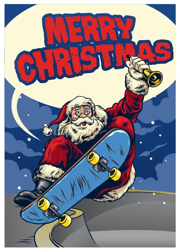 Papa Noel claus jugando patineta saludo Navidad vector