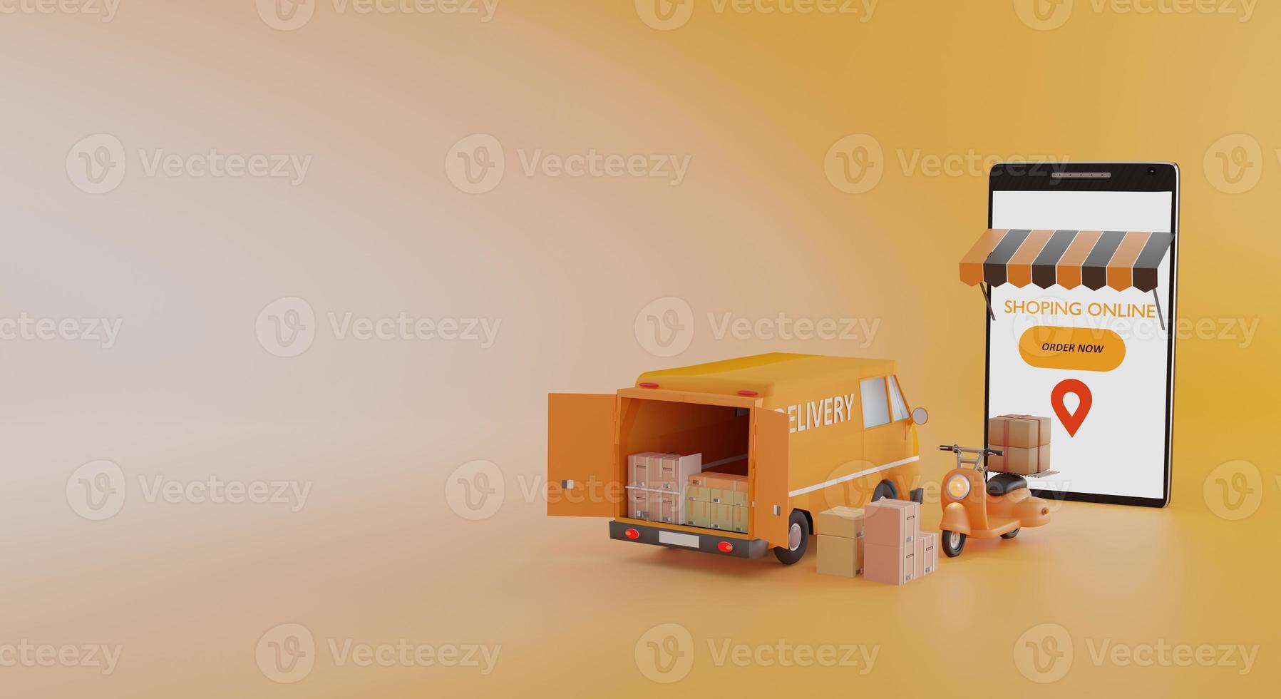 Online shop logistic motorcycle delivery with smartphone shopping online.3d rendering photo