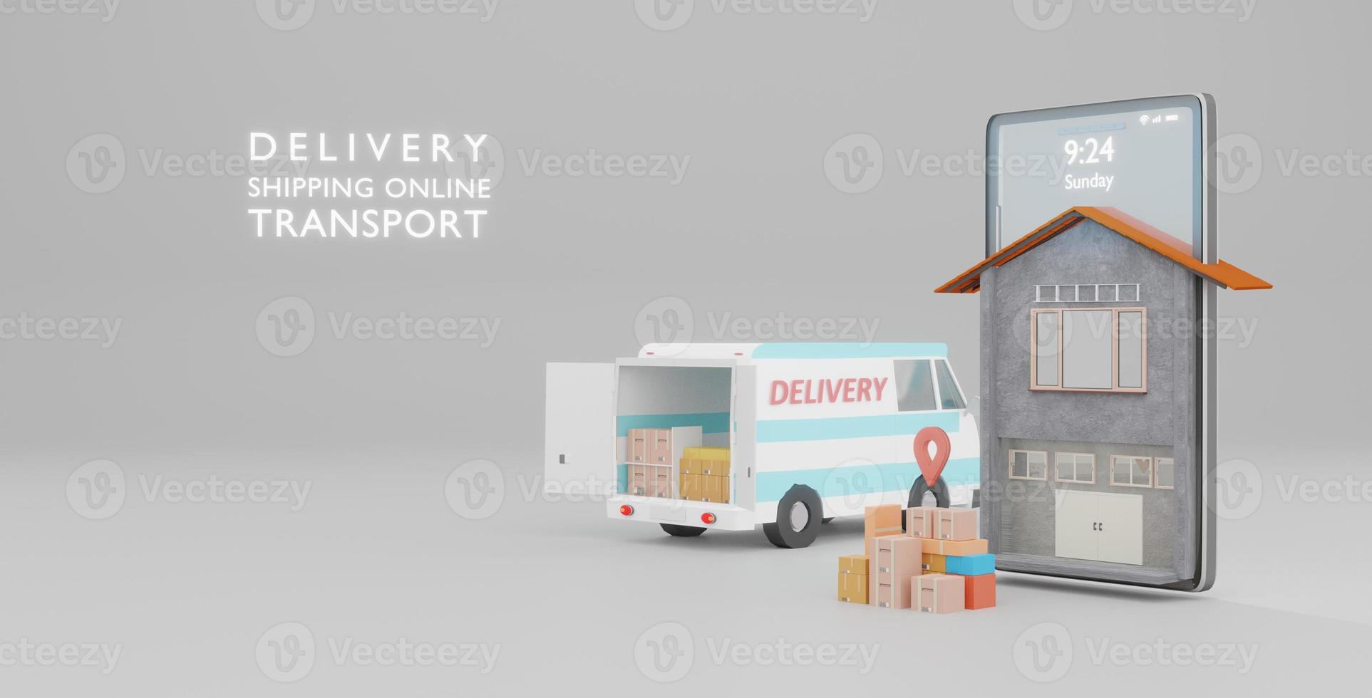 Online Shop Global logistic truck van delivery on smartphone shopping online.3d rendering photo