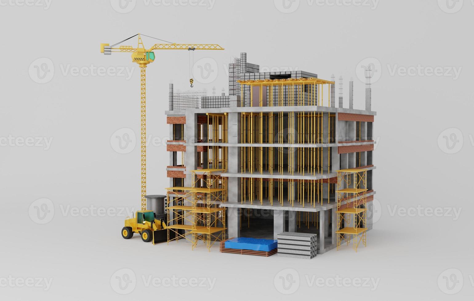 construcción de edificio con grua y calificador.3d representación foto