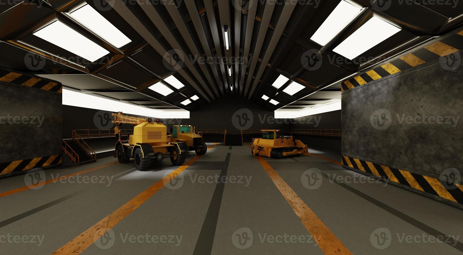 Grader is being repaired in an industrial garage.3D rendering photo