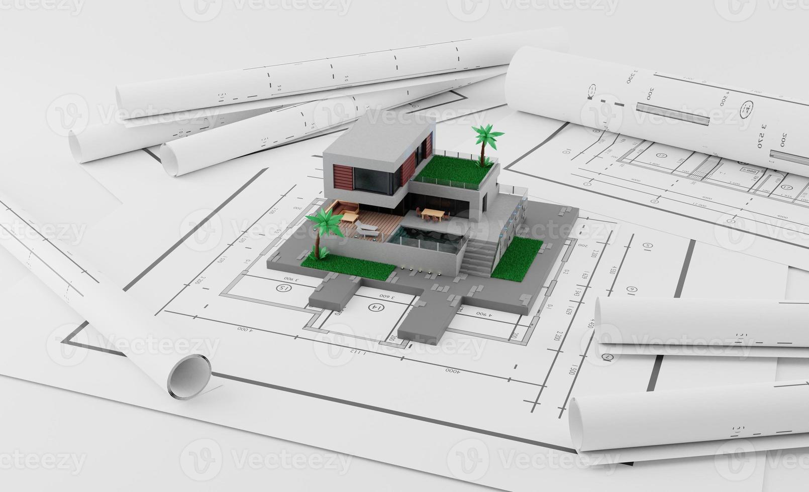 A model house on blueprints with equipment architect.3D rendering photo
