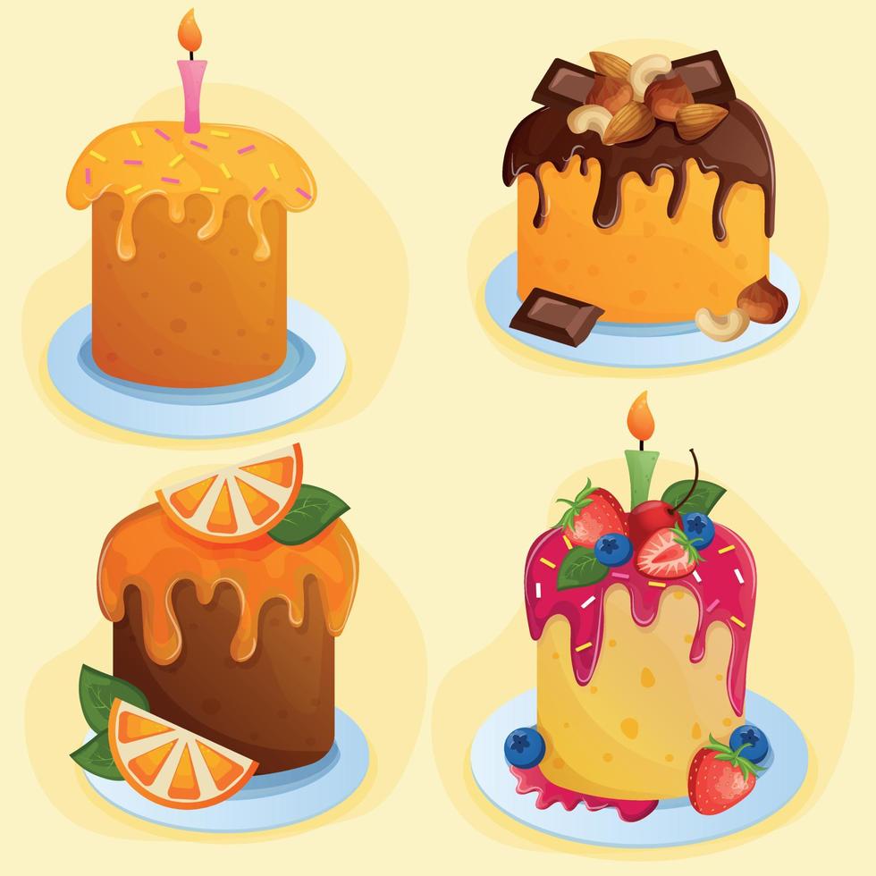 Set of Easter cakes on plates. Easter traditional pastries with candles, fruits, berries, sprinkles, chocolate, nuts. Different cupcakes for bake shop or pastry shop menu. Easter stickers vector