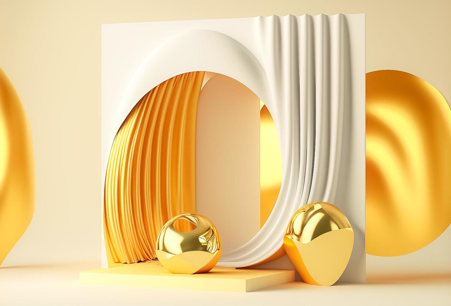 foto 3d representación de el realista oro podio en lujo y mínimo diseño con dorado cortinas