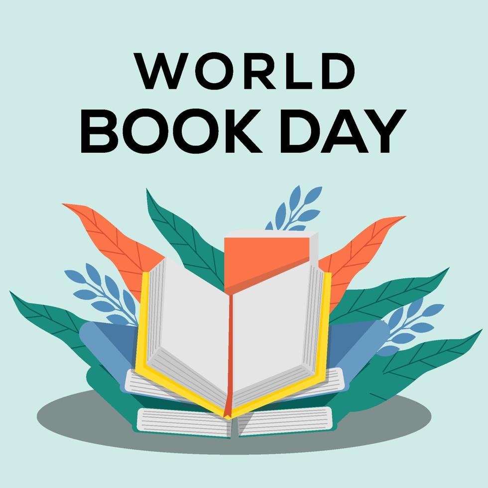 flat design world book day design illustration with open book and stack of books vector