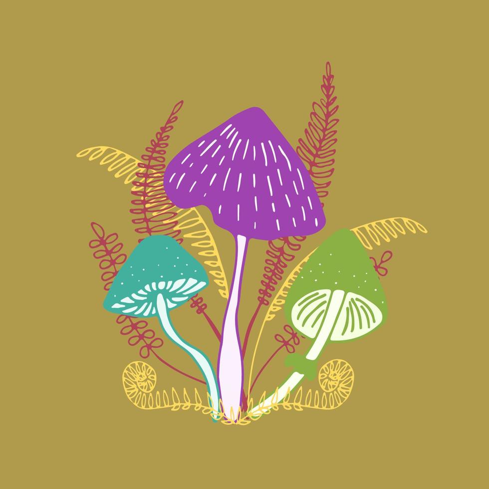 Three elegant forest mushrooms with ferns on moss green background. Bright, calm set of magical mushrooms. Hand drawn vector illustration.