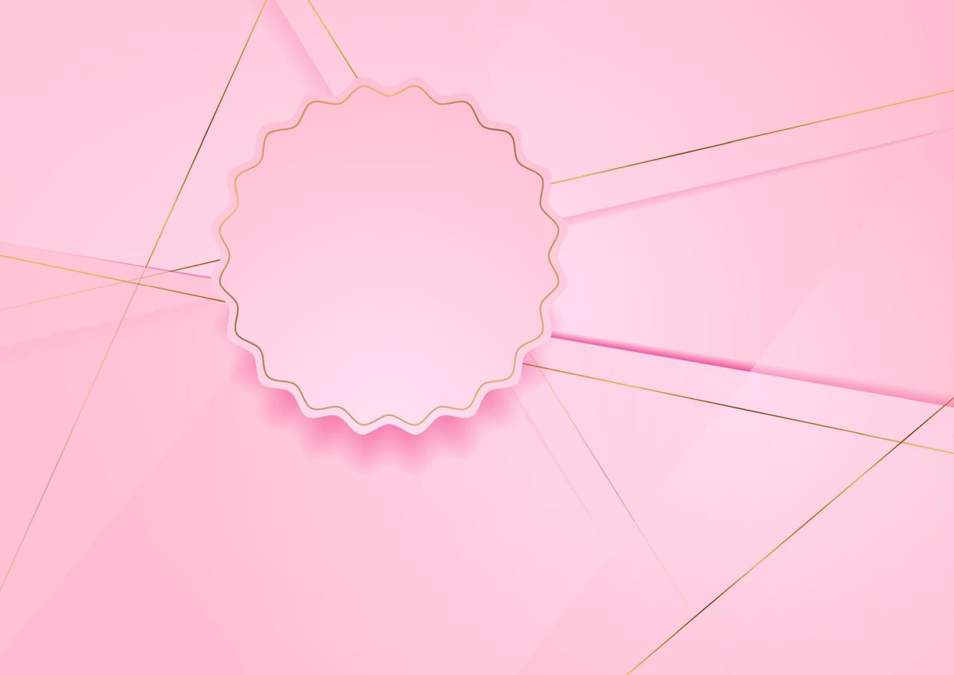 Pink polygonal background with curved circle and golden lines vector