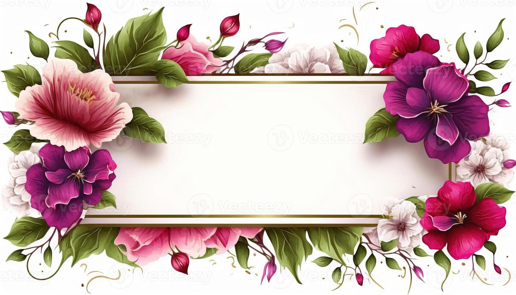 , Watercolor frame with spring viva magenta flowers, hand drawn art style with place for text. Greeting, birthday and other holiday, wedding invitation concept photo