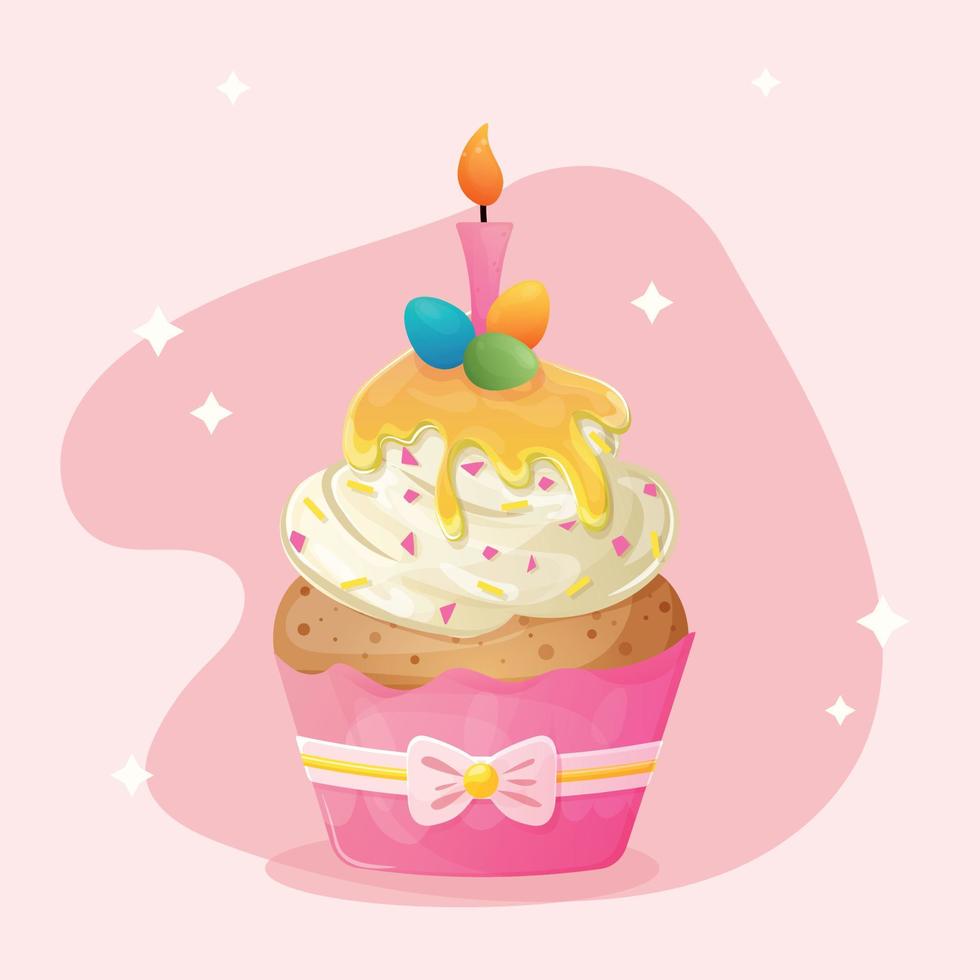Easter traditional cupcake with candle, sprinkles, cream and decorations. Easter colorful eggs. Cute cartoon cupcake in a pink shape with a bow on a pink background. Easter religious elements vector