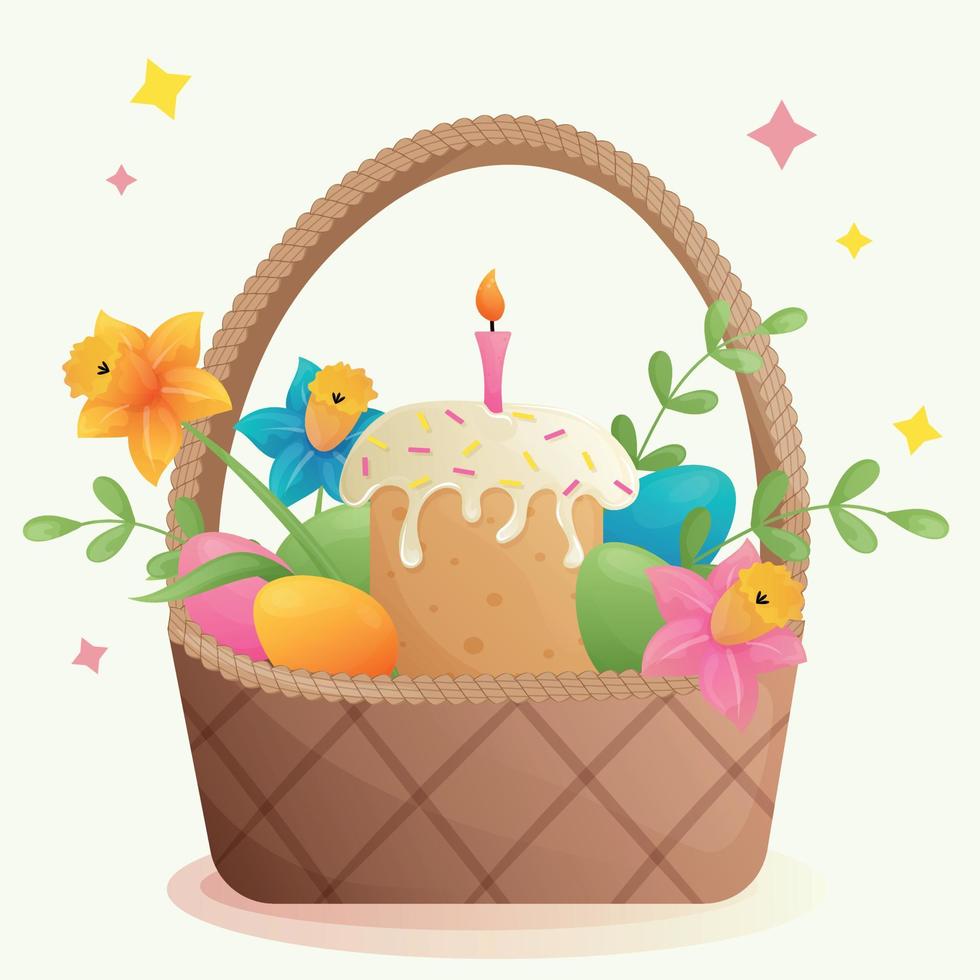 mimbre Pascua de Resurrección cesta con panetón, vistoso hervido huevos, un vela, flores y hojas en un beige antecedentes. Pascua de Resurrección linda dibujos animados saludo tarjeta. huevos en un cesta. contento Pascua de Resurrección vector