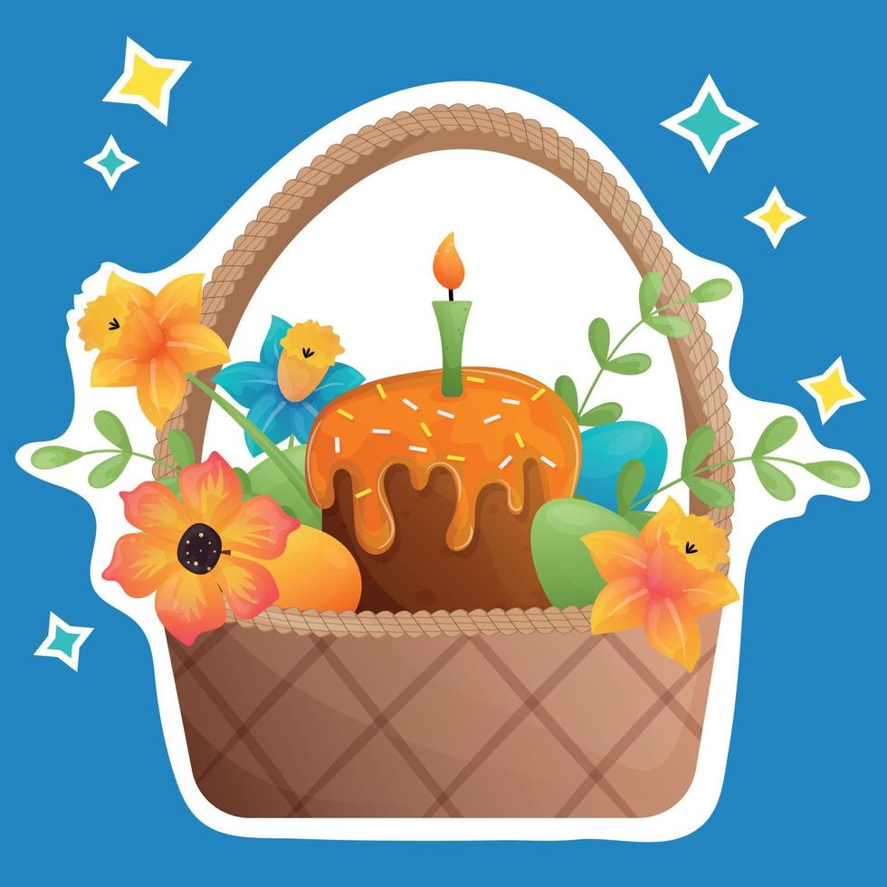 mimbre Pascua de Resurrección cesta con Panettone, vistoso hervido huevos, un vela, flores y hojas en un azul antecedentes. Pascua de Resurrección linda dibujos animados pegatina. huevos en un cesta. contento Pascua de Resurrección. Pascua de Resurrección pastel vector