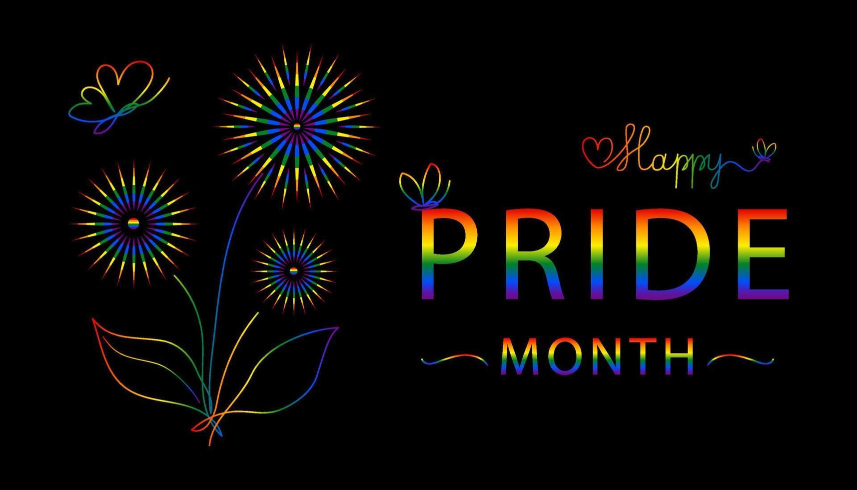 Happy Pride Month concept. Flowers, butterfly, text, rainbow colors, black background. Greeting banner. Vector illustration.