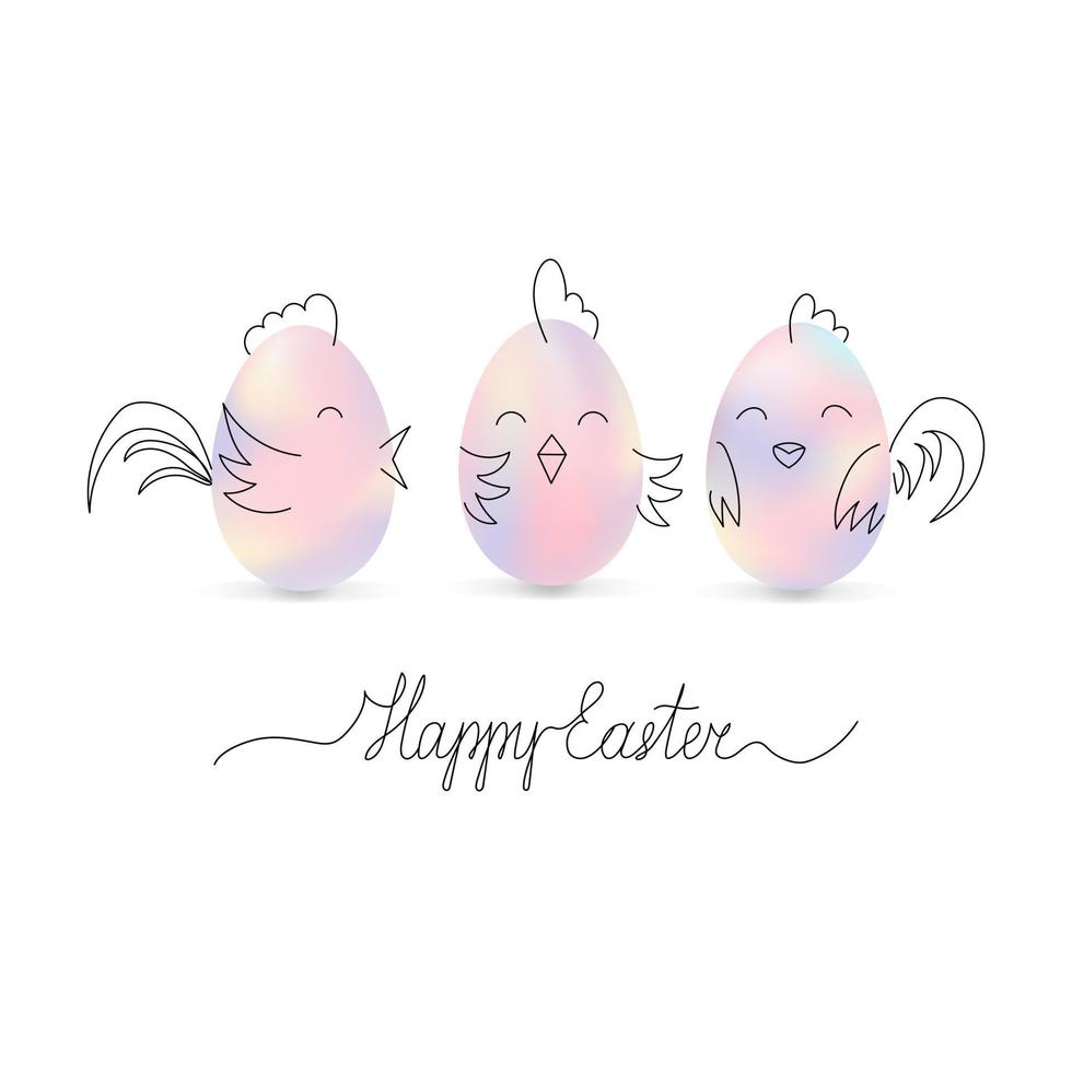 Happy Easter concept. Easter eggs in the form of chickens. Handwritten text. Doodle elements. Design layout for greeting card, poster, banner. Cute vector illustration for Easter, egg hunter.