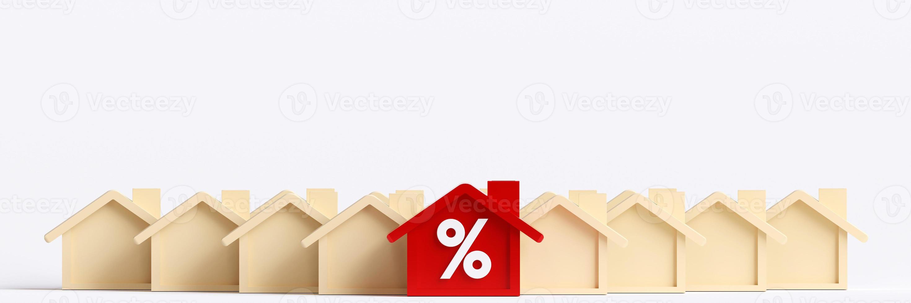 concept of house installments with banks, real estate taxes and rising interest rates, home installment loan promotion. Red house with percentage icon among brown houses with copy space. photo