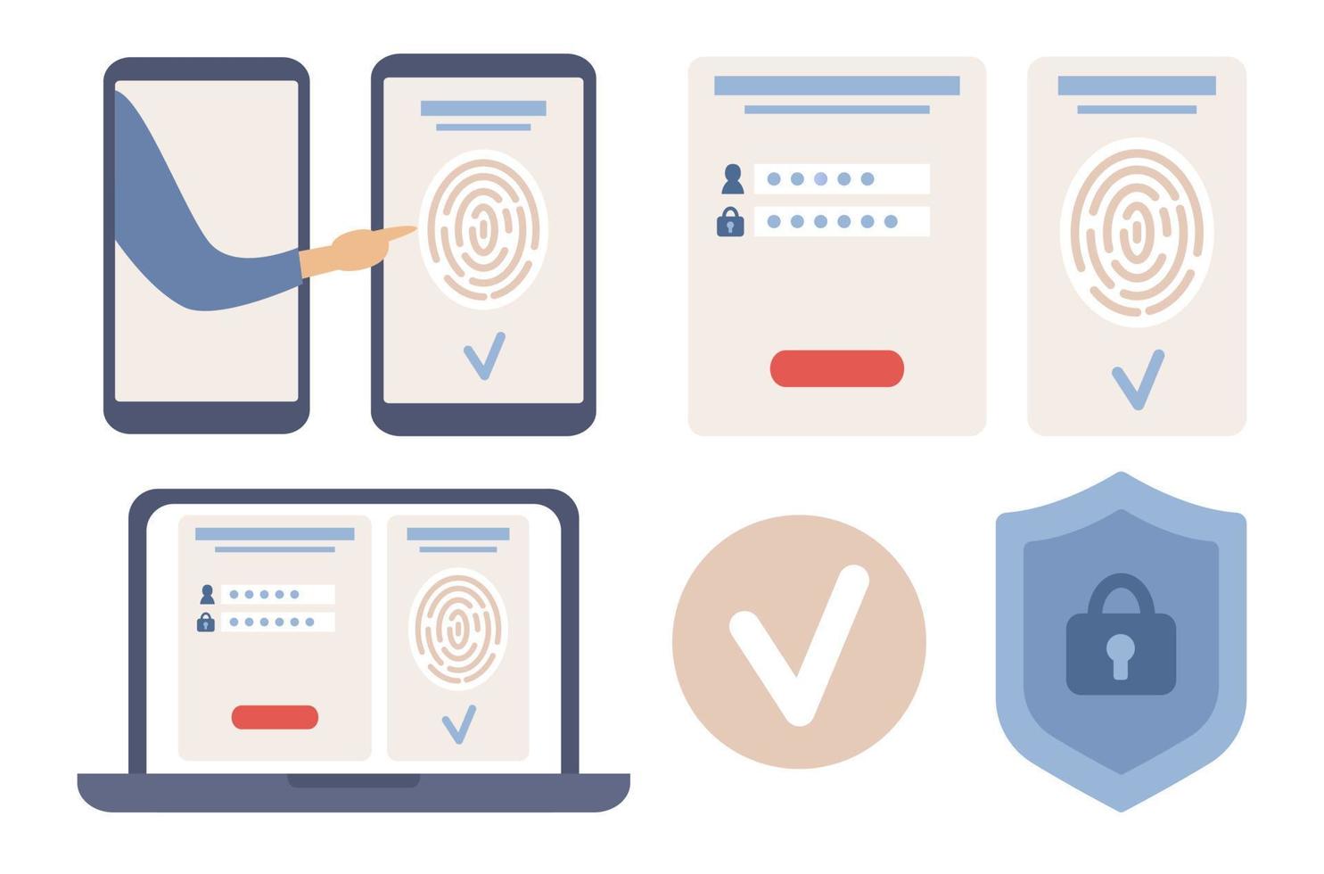 Scan fingerprint icon set. Data protection concept. Biometric access control. Biometrics identification and verification on smartphone or laptop screen. Vector flat illustration