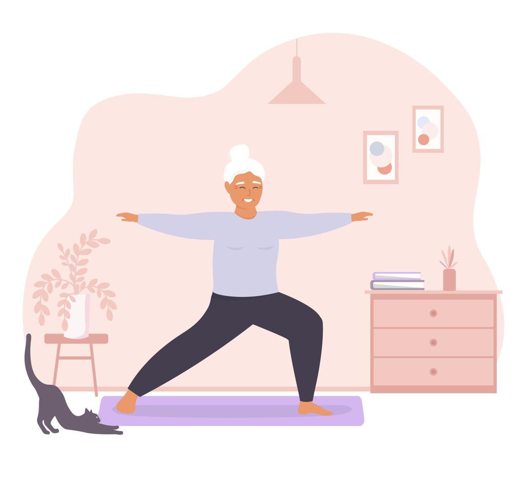 Elderly woman doing yoga at home in the room. Active healthy retirement. Vector graphics.