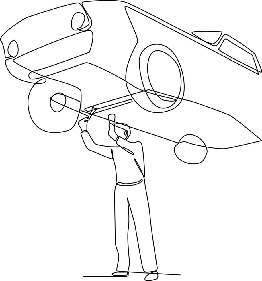 continuo una línea dibujo hombre servicio su nuevo coche. auto Servicio concepto. soltero línea dibujo diseño gráfico vector ilustración