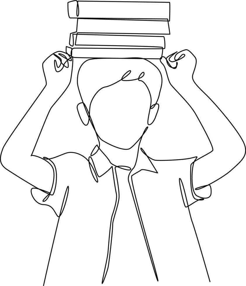 Single one-line drawing child with a pile of books on his head. World book day concept. Continuous line drawing design graphic vector illustration.