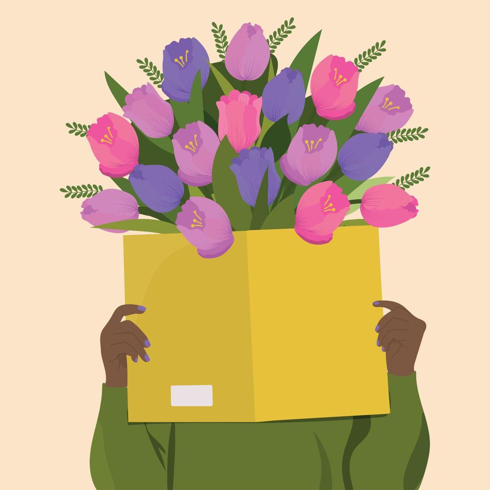 Book with a flowers in the hands of a woman on a green sweater background. vector