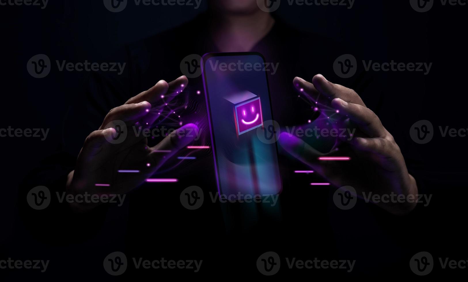 Metaverse and Blockchain Technology Concepts. Experiences of Metaverse Virtual World via Smart Phone. Futuristic Tone. Hand Levitating Mobile Phone photo