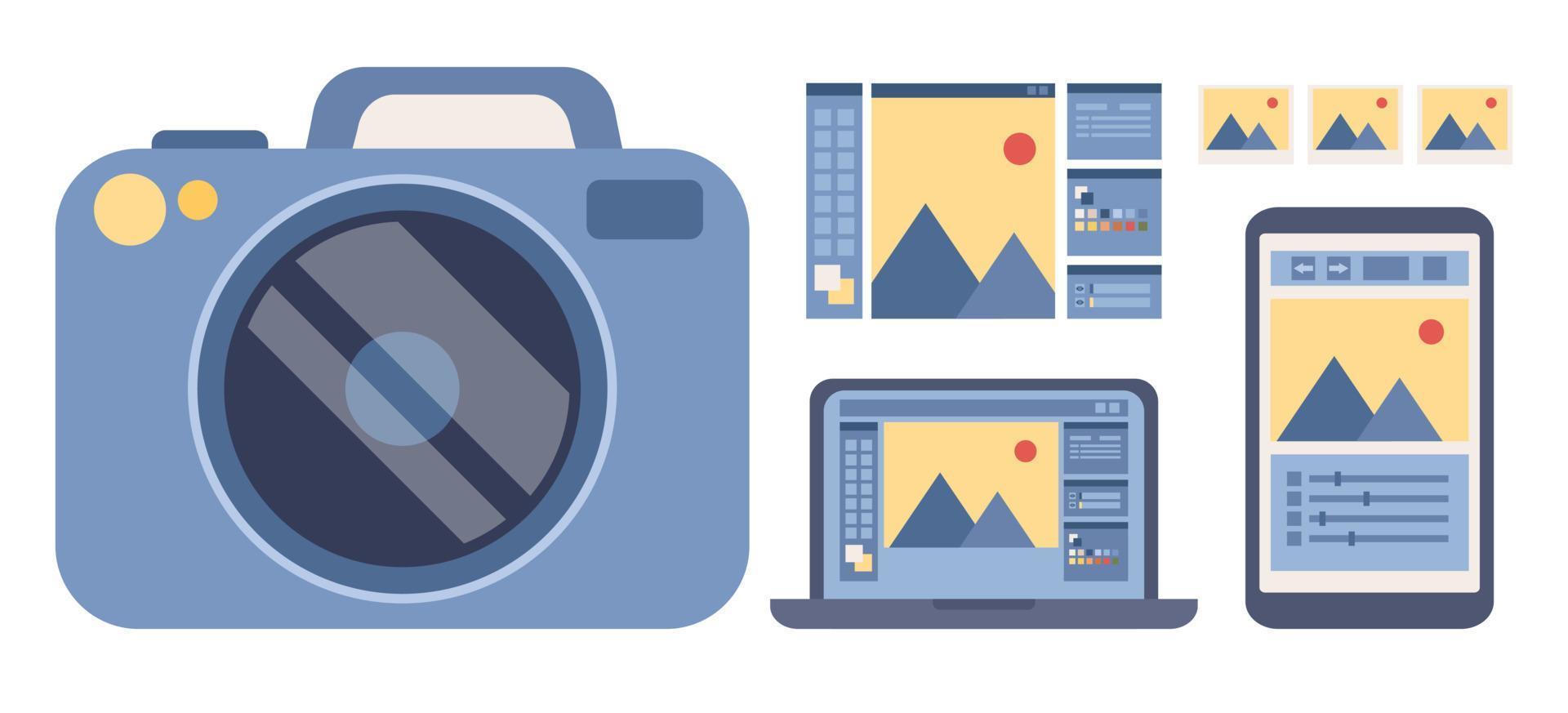 Photo editing icon set. Photography workshop, processing workshop, photo portfolio creation concept. Photographer. Content maker. Social media post creator. Vector flat illustration