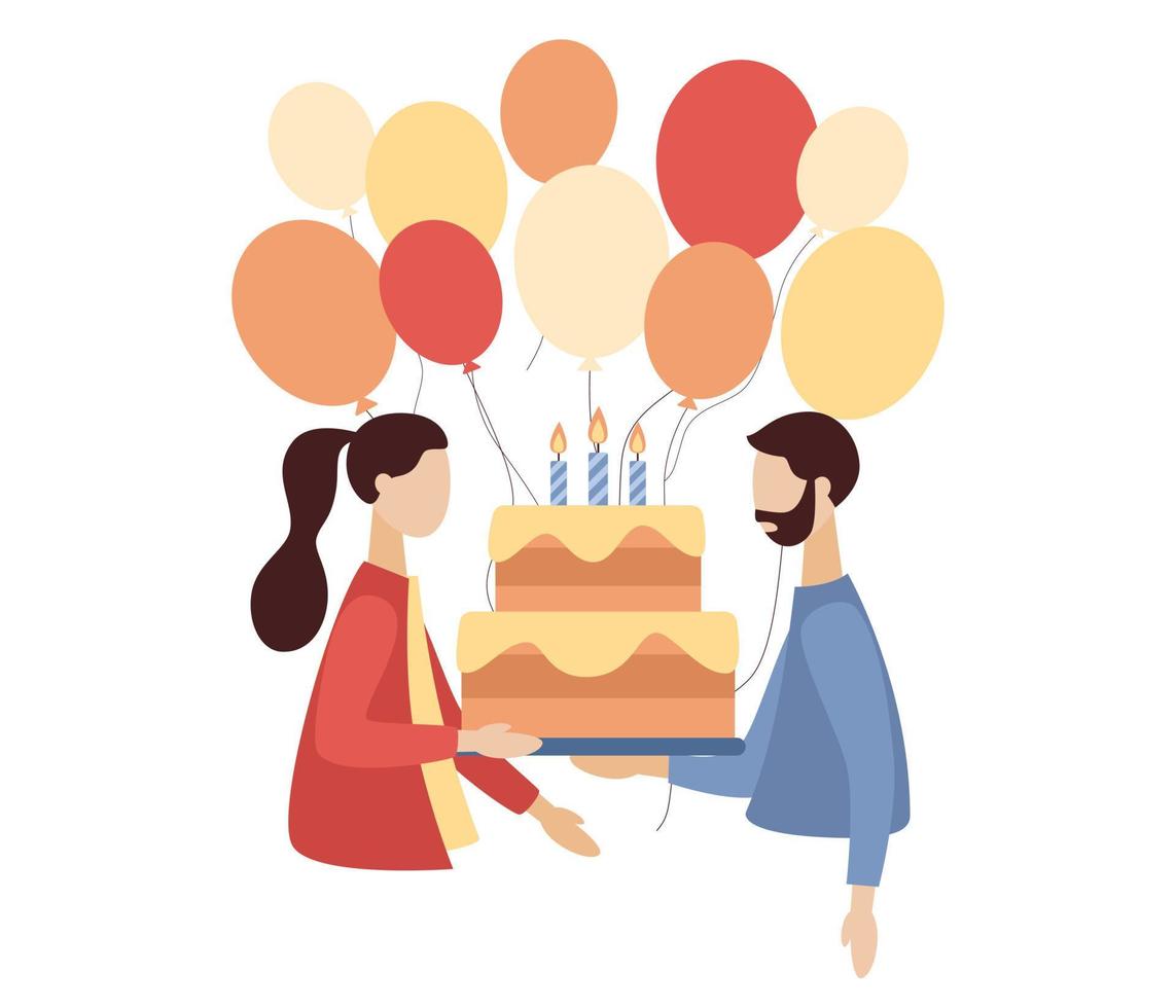 Happy birthday concept. Man and woman with Birthday cake with candles and balloons. Vector flat illustration