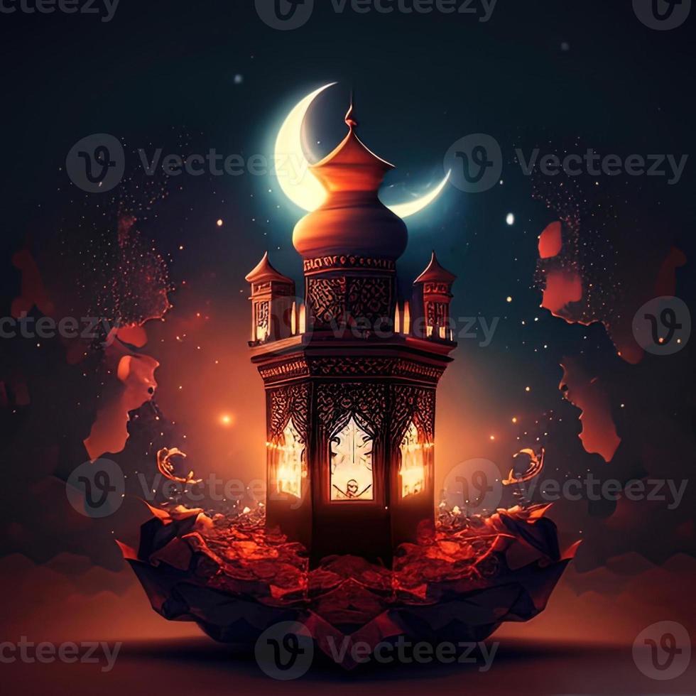 Fantasy Muslim Islamic mosque . Background with a Mosque in honor of the celebration of Ramadan Kareem. AI Generated photo