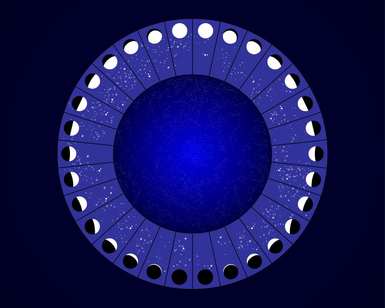 Luna etapas círculo, calendario astronomía vector cuadro, lunar rueda aislado en azul estrellado antecedentes