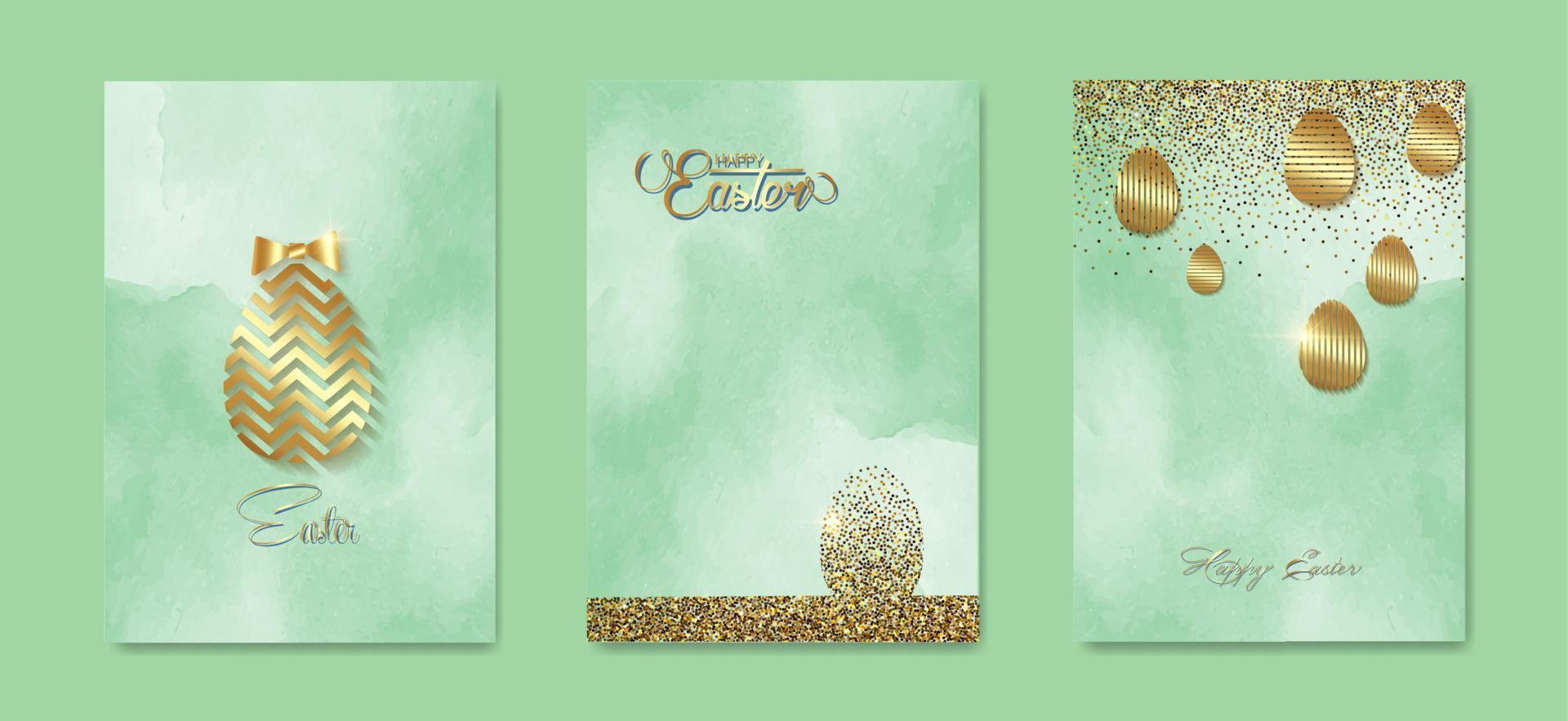 conjunto tarjeta contento Pascua de Resurrección oro textura, lujo verde acuarela antecedentes. Pascua de Resurrección fiesta invitaciones plantillas recopilación, mano dibujado letras y oro Pascua de Resurrección huevos. vector Moda ilustración