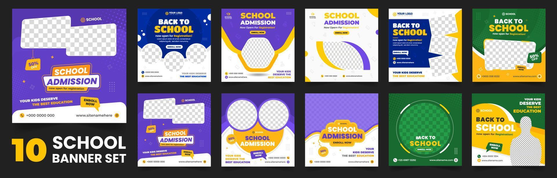 set of 10 big mega collection bundle school admission social media post banner Template, back to school Social Media Banner Template set, school banner set, school banner bundle mega collection. vector