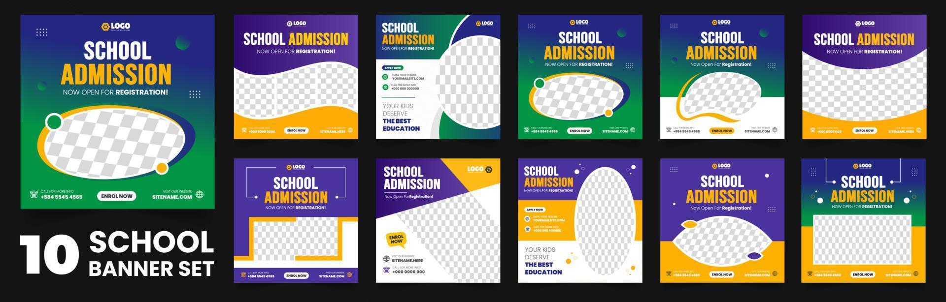 set of 10 big mega collection bundle school admission social media post banner Template, back to school Social Media Banner Template set, school banner set, school banner bundle mega collection. vector