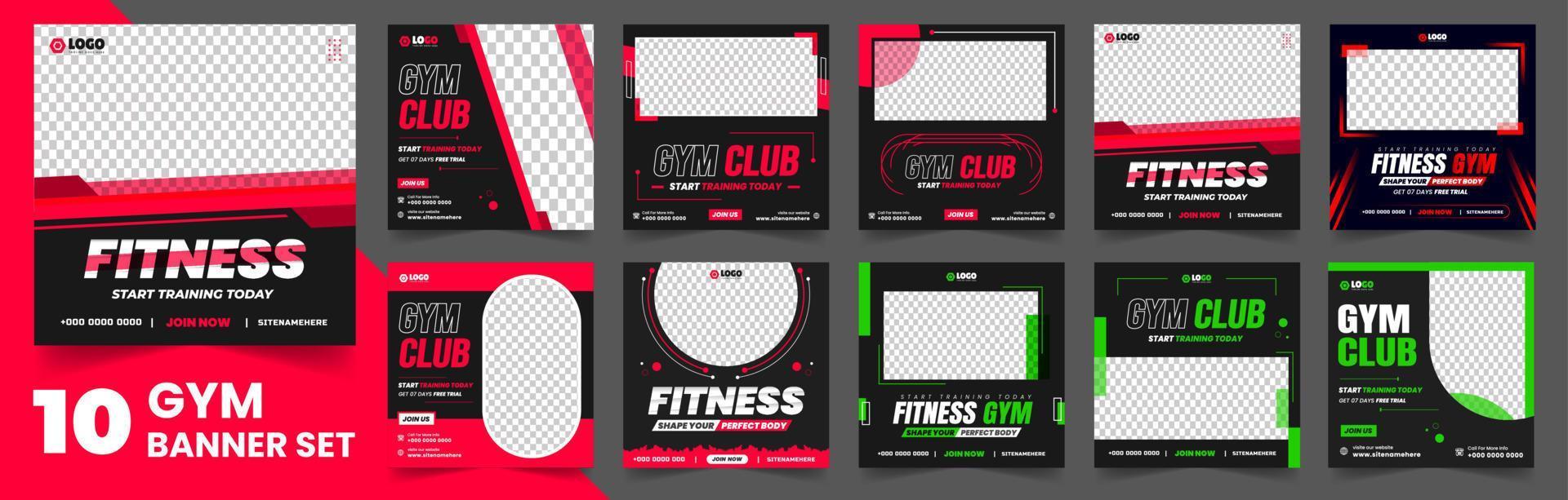 Fitness gym social media post banner template set of 10 big mega collection bundle. gym, Workout, fitness and Sports social media post banner set, fitness gym social media post banner bundle vector