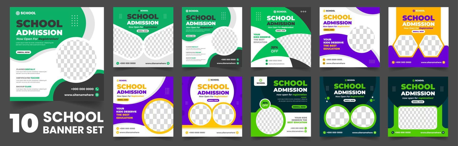 set of 10 big mega collection bundle school admission social media post banner Template, back to school Social Media Banner Template set, school banner set, school banner bundle mega collection. vector