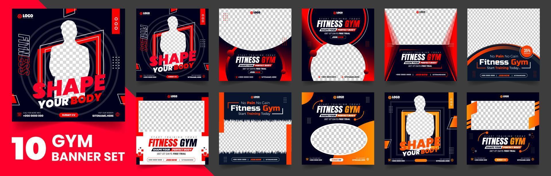 Fitness gym social media post banner template set of 10 big mega collection bundle. gym, Workout, fitness and Sports social media post banner set, fitness gym social media post banner bundle vector