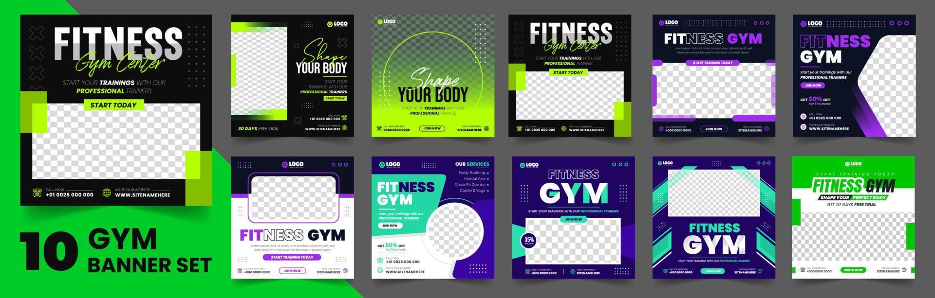 Fitness gym social media post banner template set of 10 big mega collection bundle. gym, Workout, fitness and Sports social media post banner set, fitness gym social media post banner bundle vector